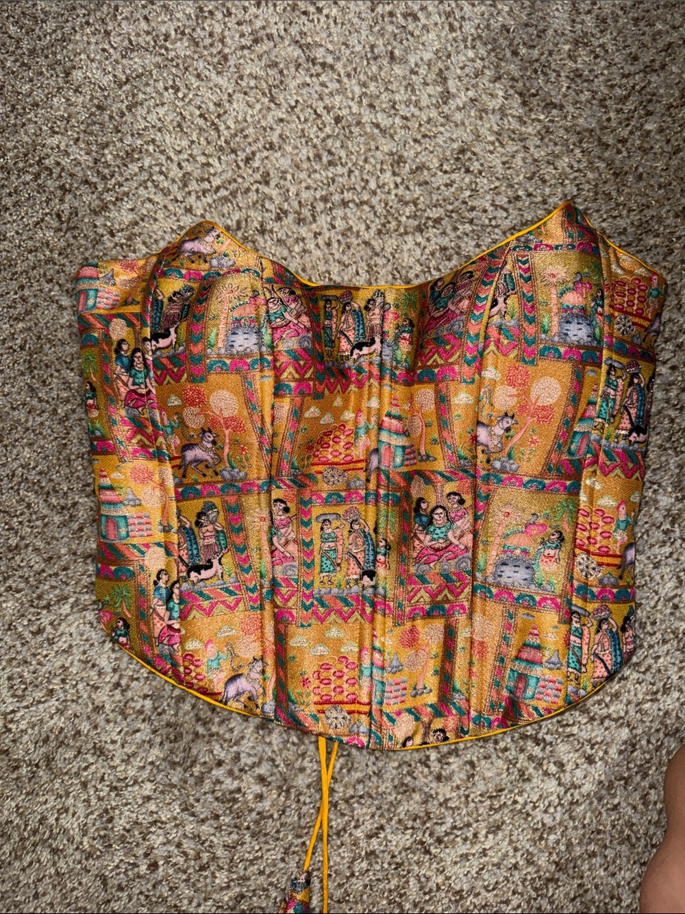 Gold Multicolor Printed Drawstring Bustier corset  Top